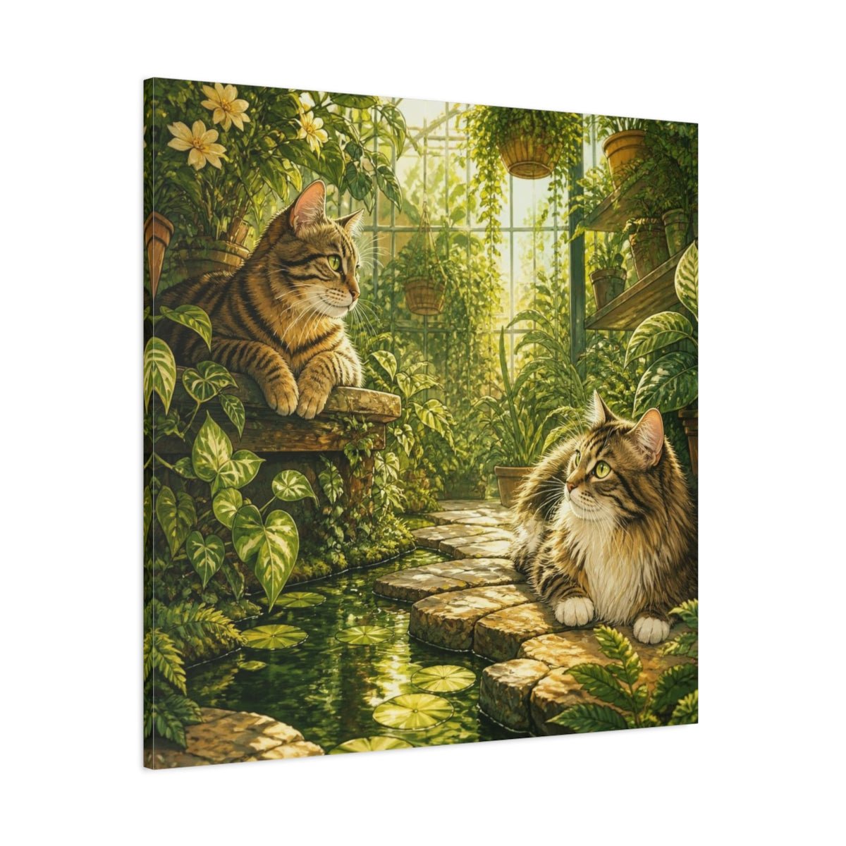 Tabby Pets In Greenhouse Canvas Print – Living Room, Above Console Table, Gold And Jade - YesArtYes
