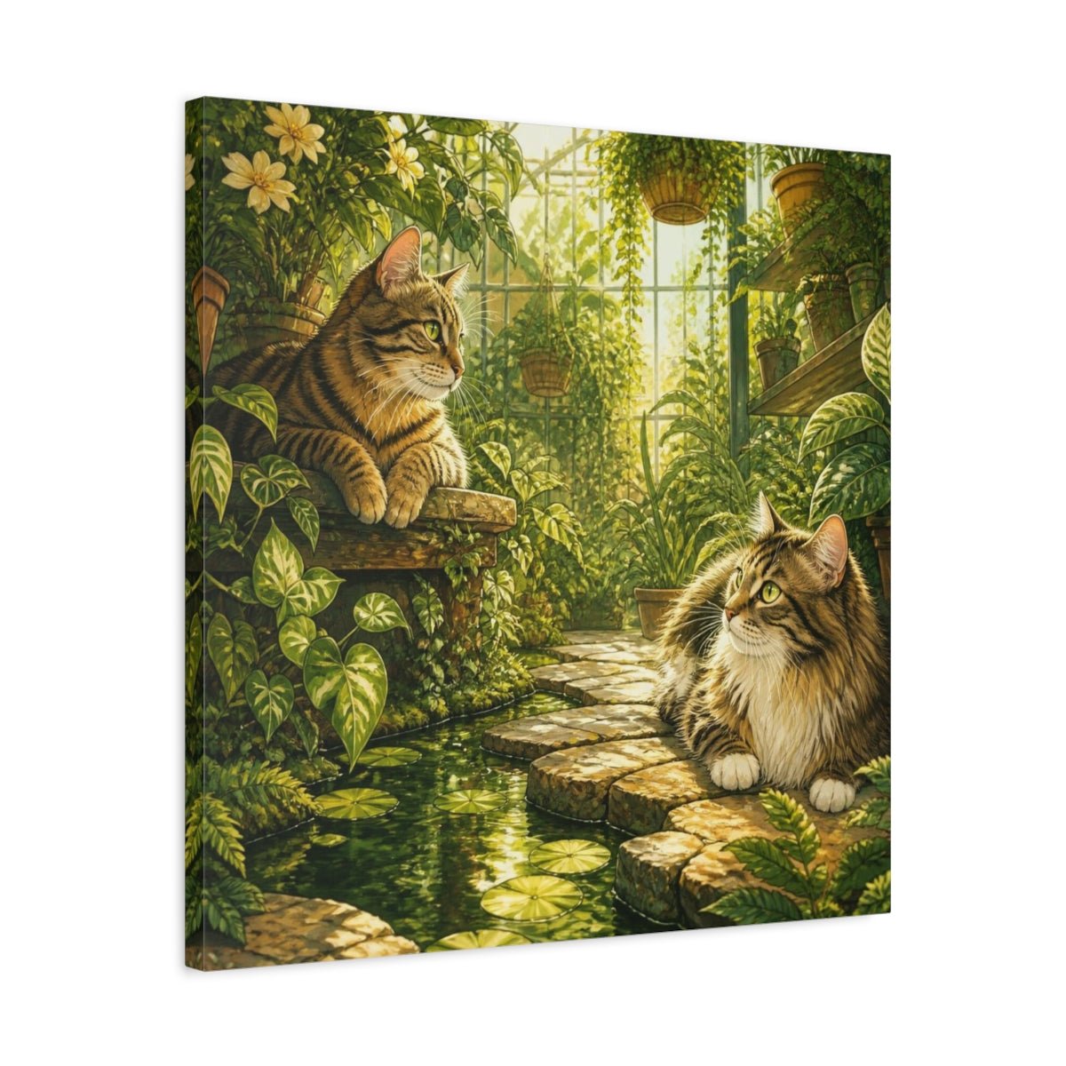 Tabby Pets In Greenhouse Canvas Print – Living Room, Above Console Table, Gold And Jade - YesArtYes