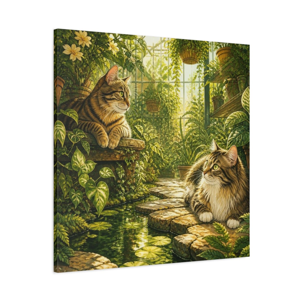 Tabby Pets In Greenhouse Canvas Print – Living Room, Above Console Table, Gold And Jade - YesArtYes
