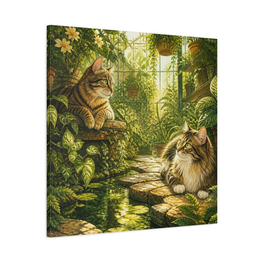 Tabby Pets In Greenhouse Canvas Print – Living Room, Above Console Table, Gold And Jade - YesArtYes