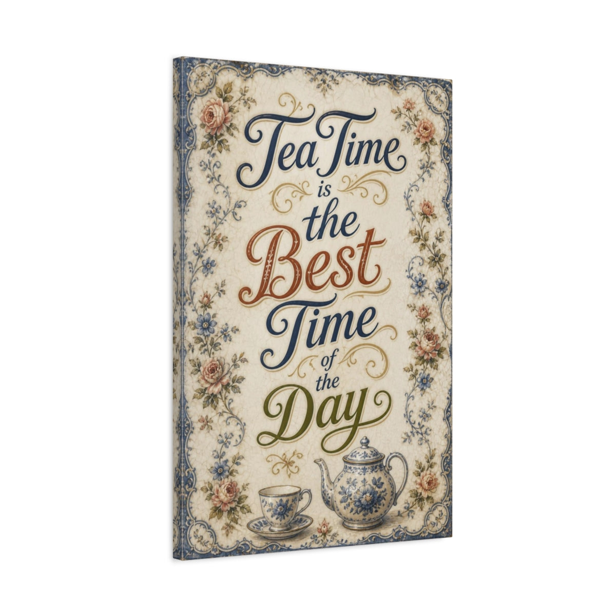 Side Mockup 2. Tea Time Quote Plaque shown as canvas print