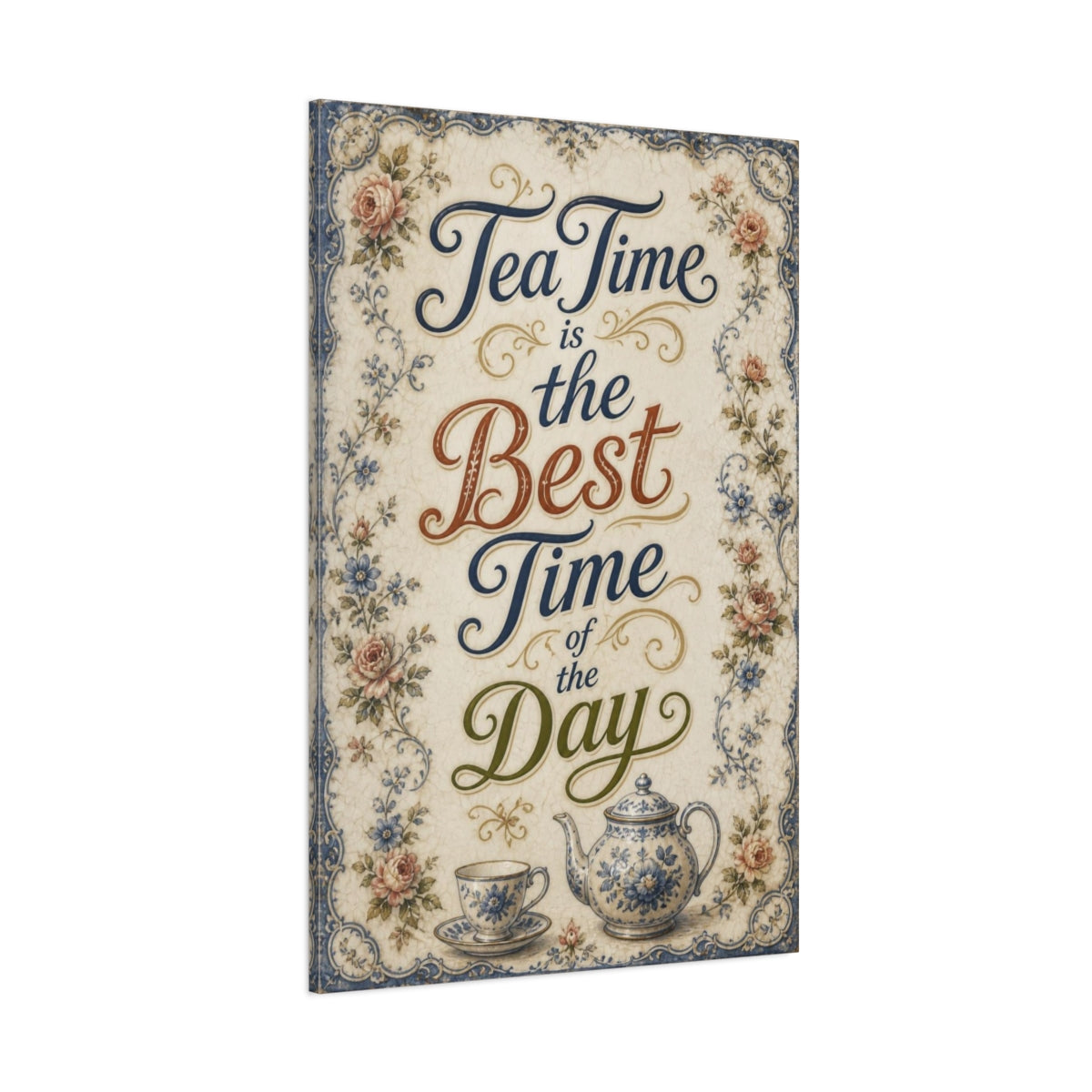 Side Mockup 1. Tea Time Quote Plaque shown as canvas print