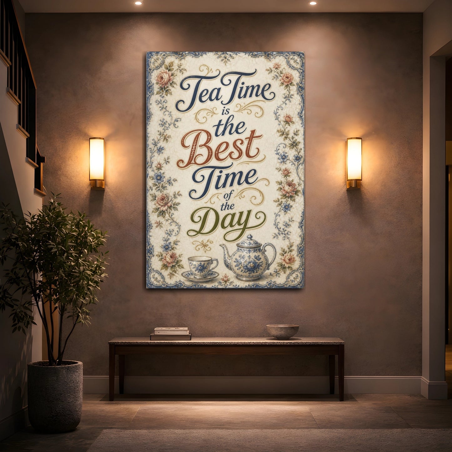 Mockup 2. Tea Time Quote Plaque shown as canvas print