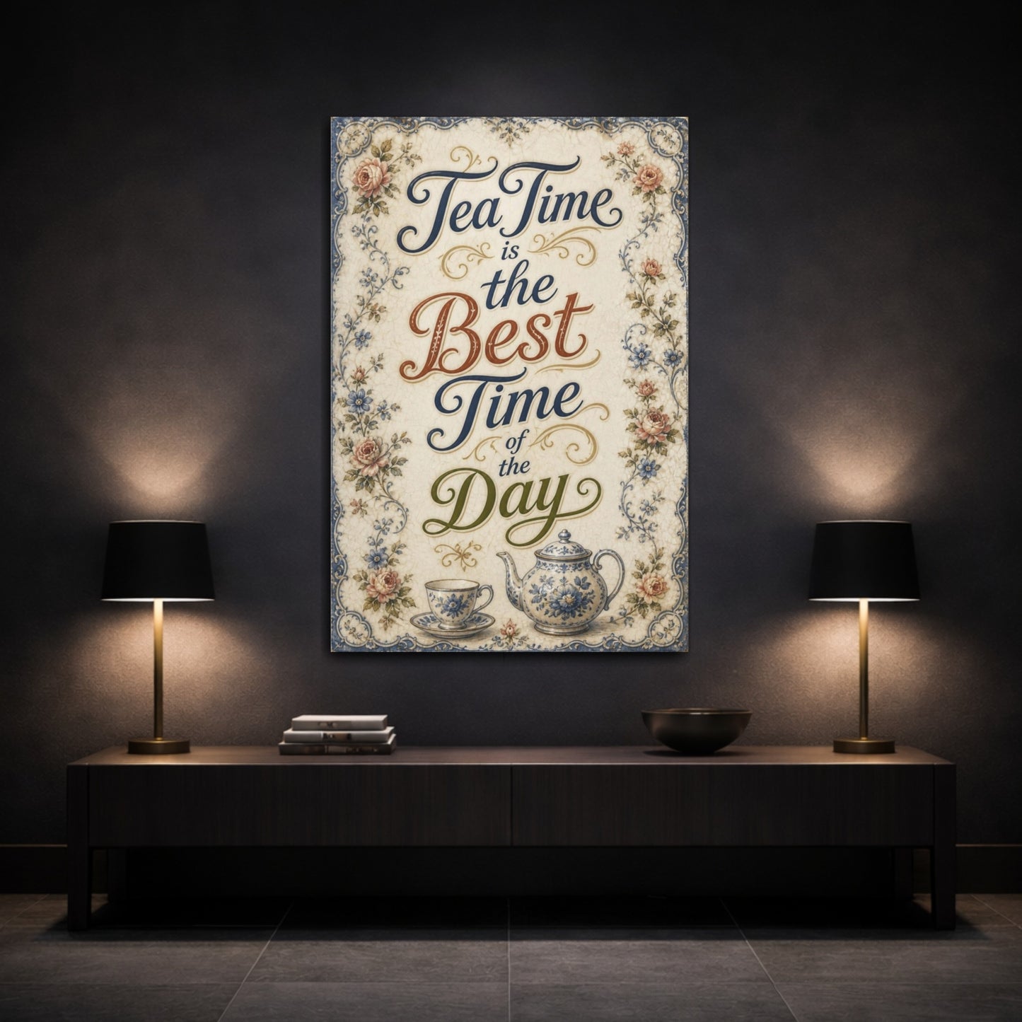 Mockup 3. Tea Time Quote Plaque shown as canvas print