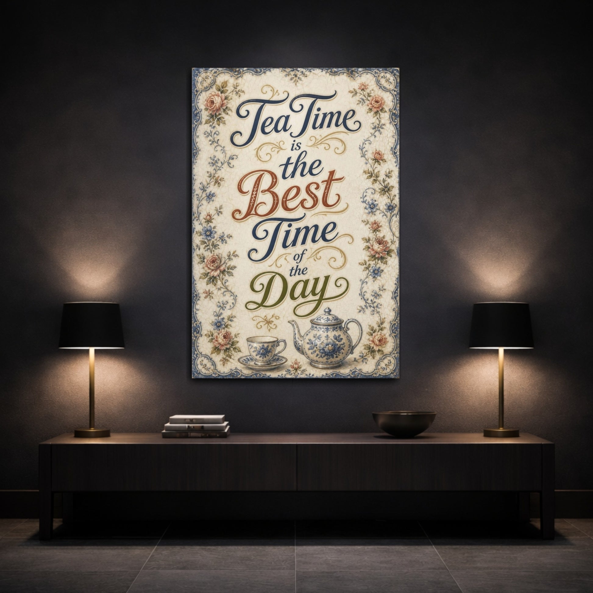 Mockup 3. Tea Time Quote Plaque shown as canvas print