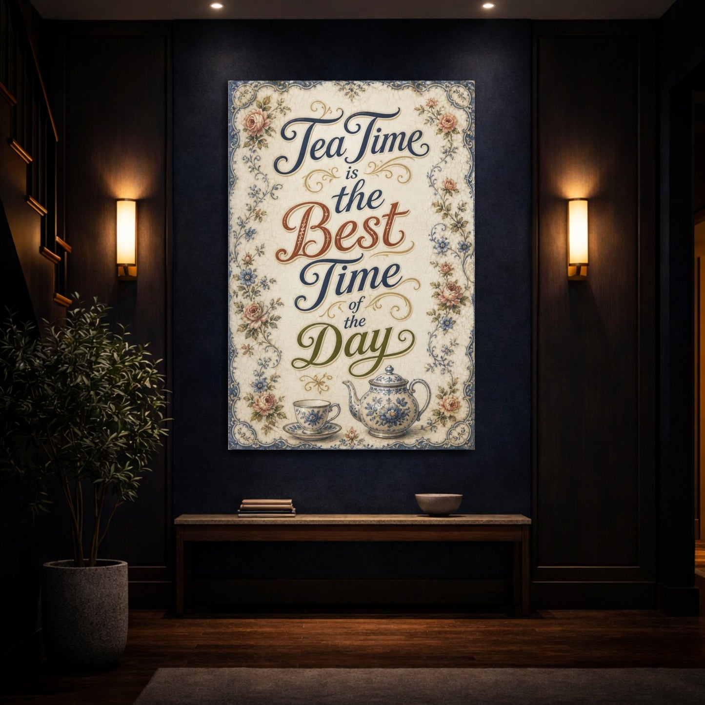 Mockup 4. Tea Time Quote Plaque shown as canvas print