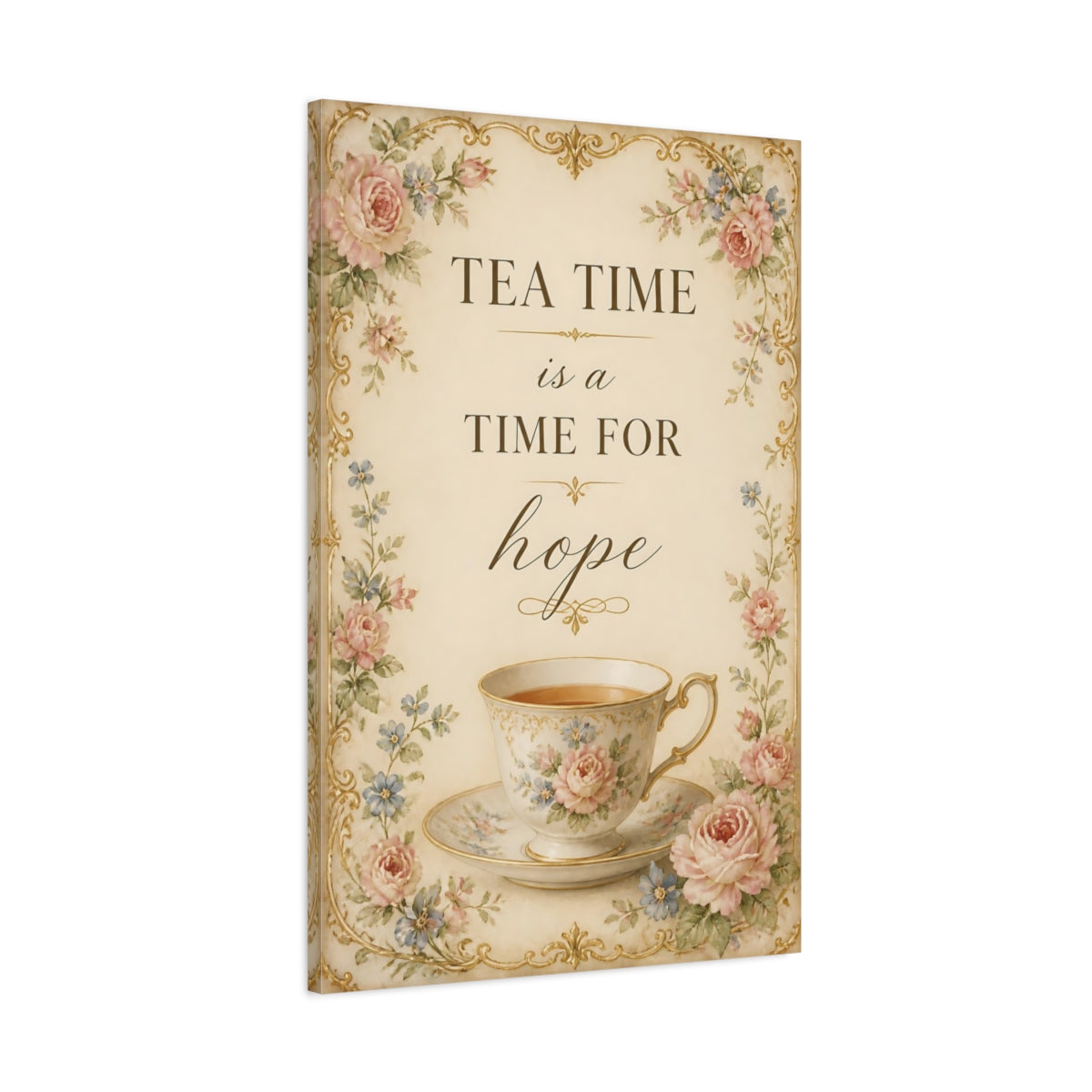 Main Mockup. Teacup Quotes Tea Time shown as canvas print