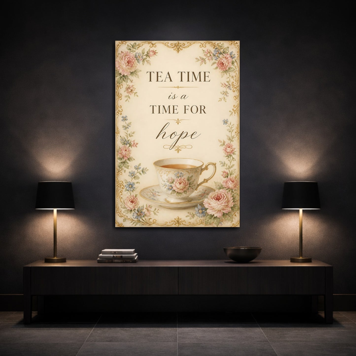 Mockup 3. Teacup Quotes Tea Time shown as canvas print