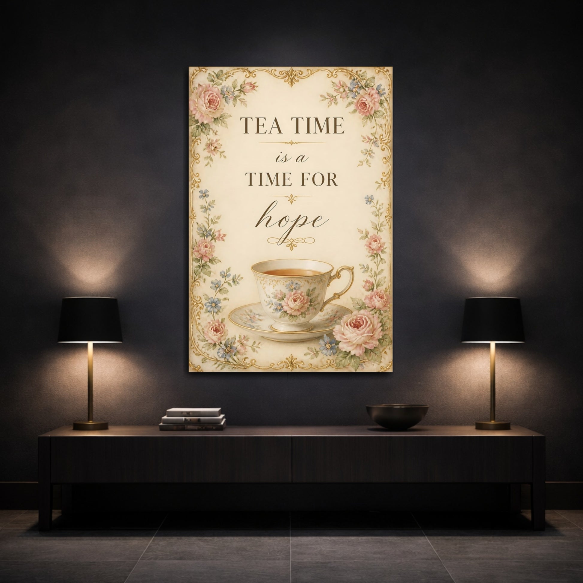 Mockup 3. Teacup Quotes Tea Time shown as canvas print