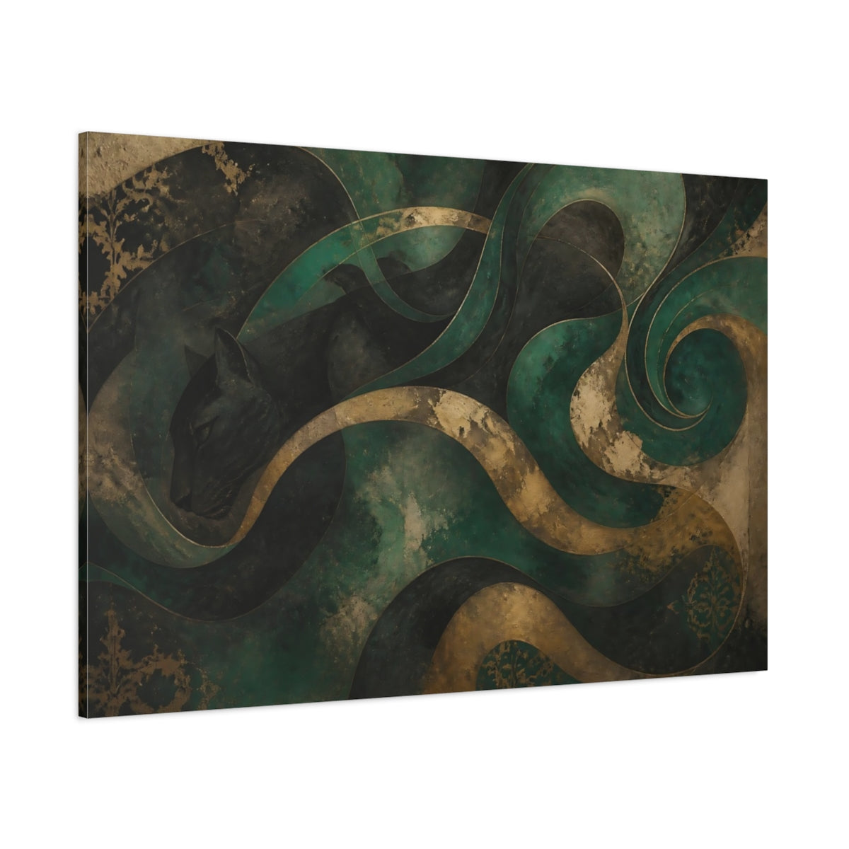 Side Mockup 1. Teal Gold Panther shown as canvas print