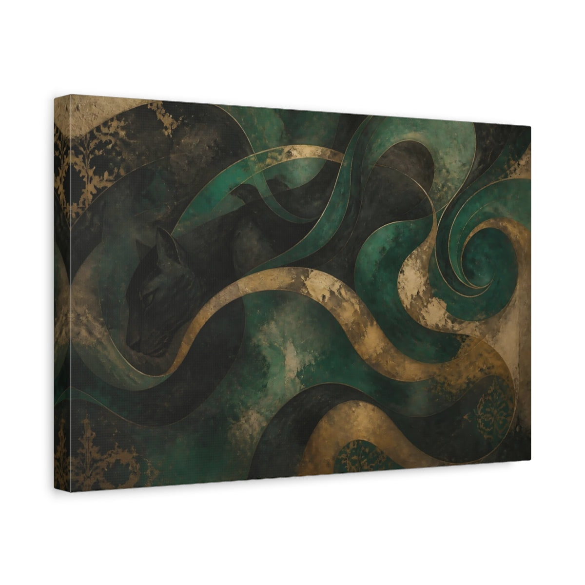 Side Mockup 4. Teal Gold Panther shown as canvas print