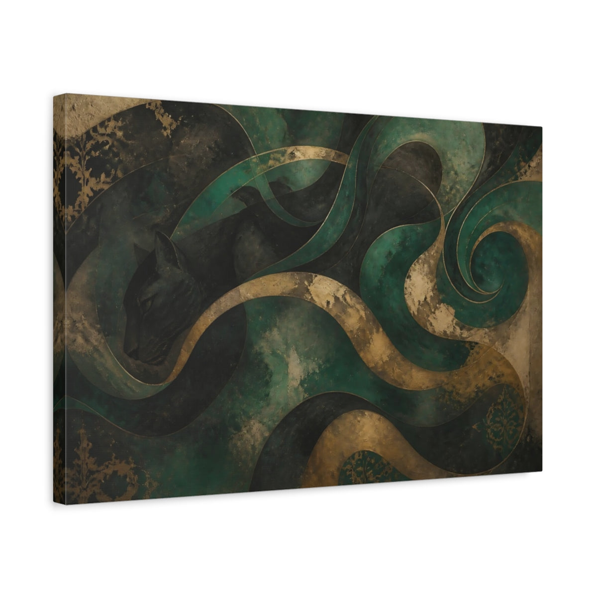 Side Mockup 3. Teal Gold Panther shown as canvas print