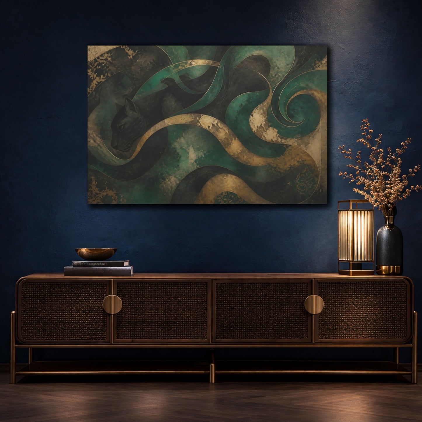 Mockup 4. Teal Gold Panther shown as canvas print