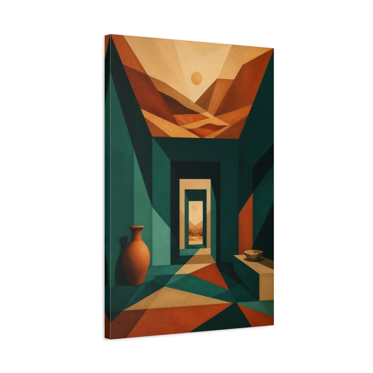 Side Mockup 2. Teal Passage To Sunlit Hills shown as canvas print