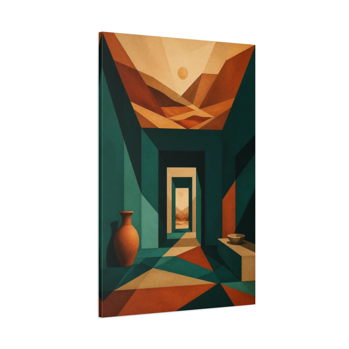 Side Mockup 1. Teal Passage To Sunlit Hills shown as canvas print