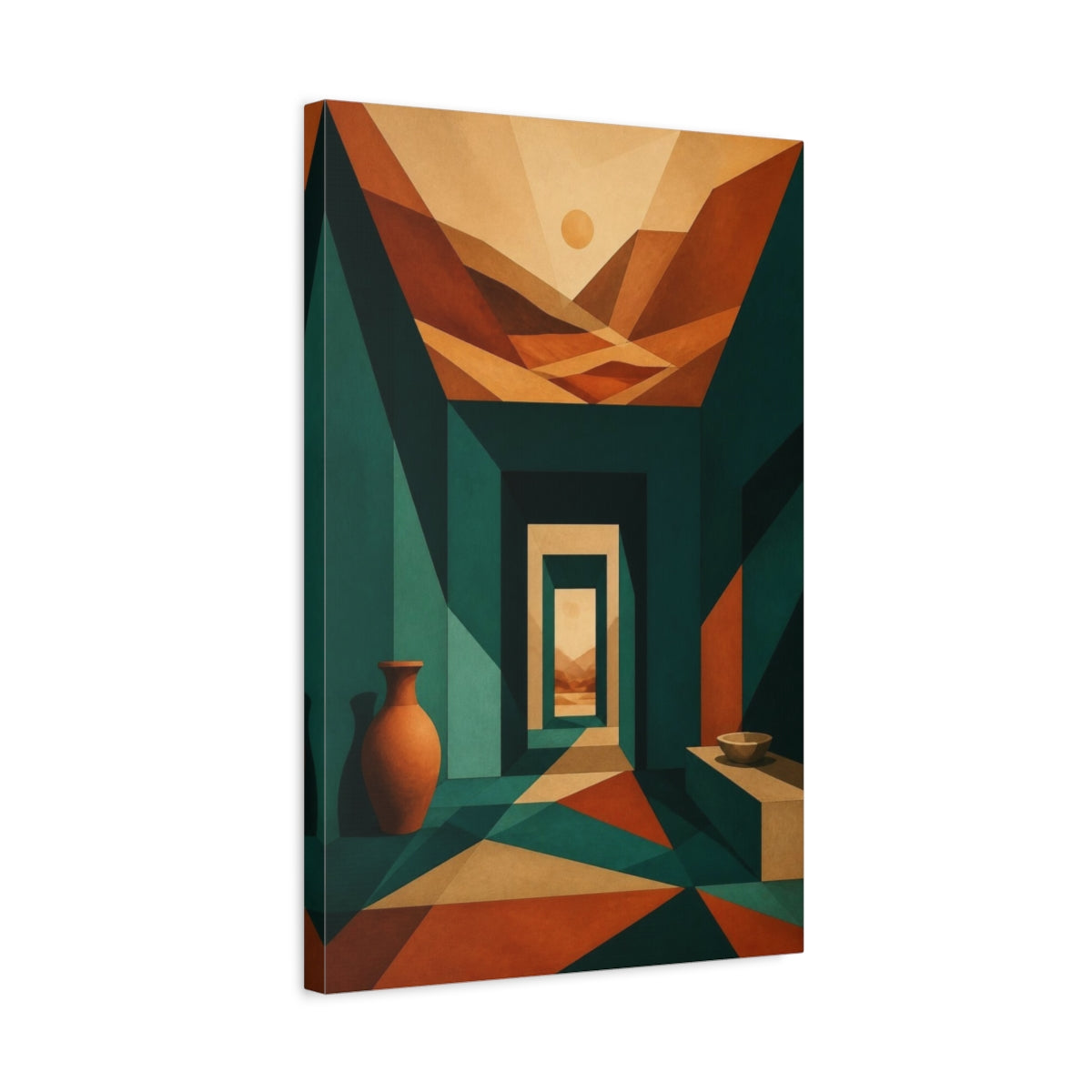 Side Mockup 3. Teal Passage To Sunlit Hills shown as canvas print