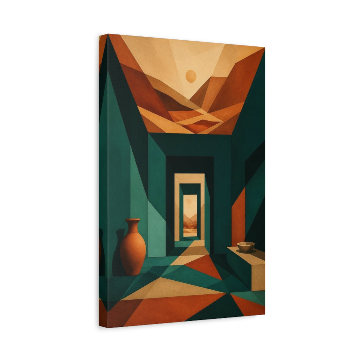 Side Mockup 4. Teal Passage To Sunlit Hills shown as canvas print