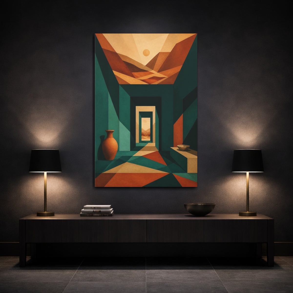 Mockup 3. Teal Passage To Sunlit Hills shown as canvas print