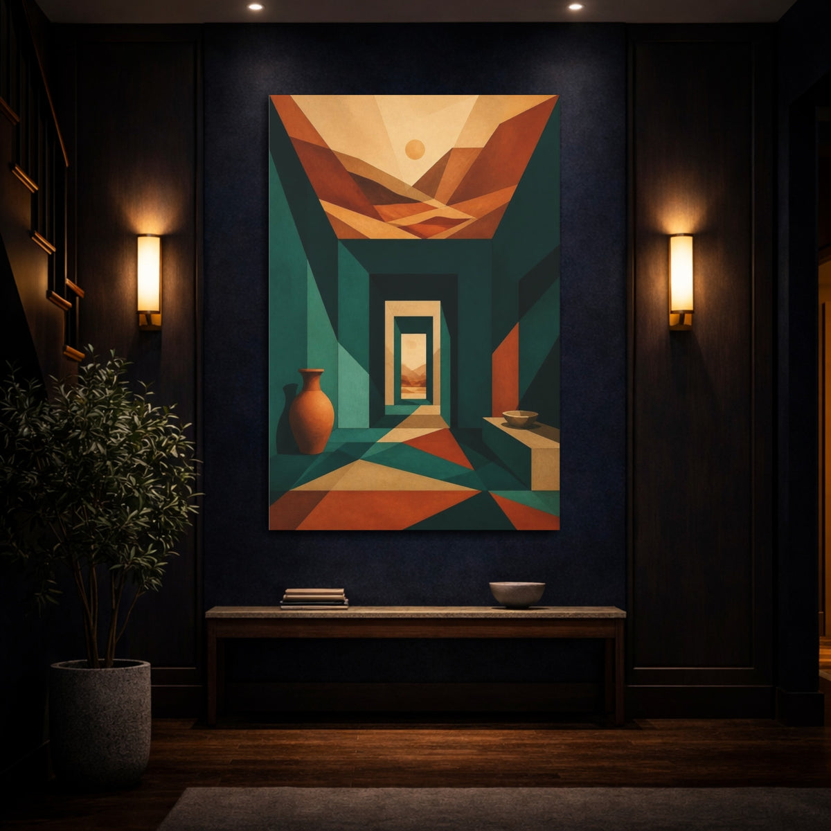 Mockup 4. Teal Passage To Sunlit Hills shown as canvas print