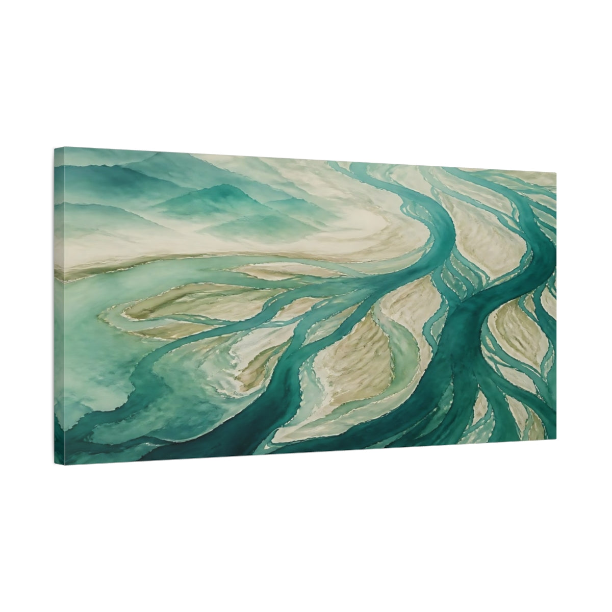 Side Mockup 1. Teal River Delta shown as canvas print