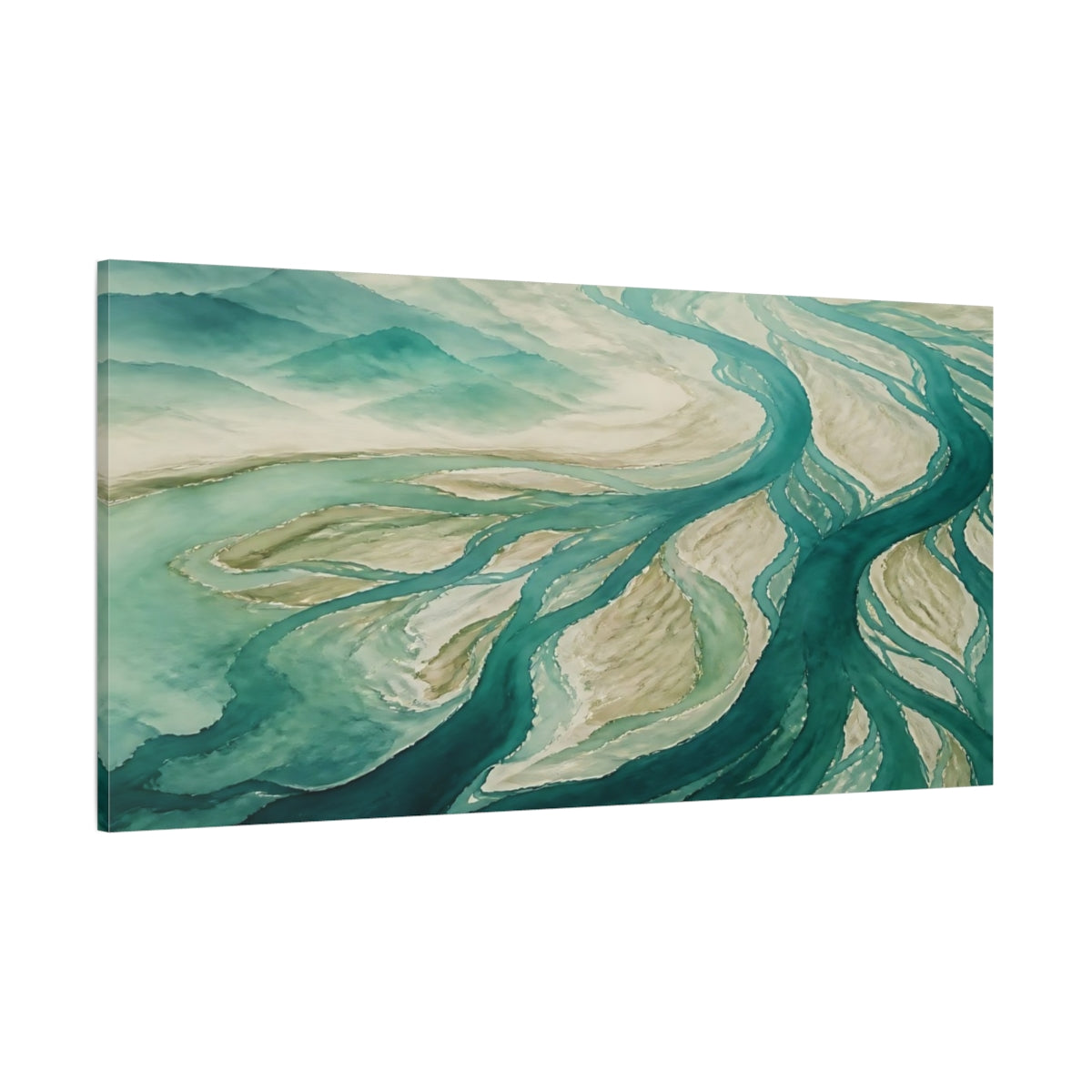 Side Mockup 2. Teal River Delta shown as canvas print