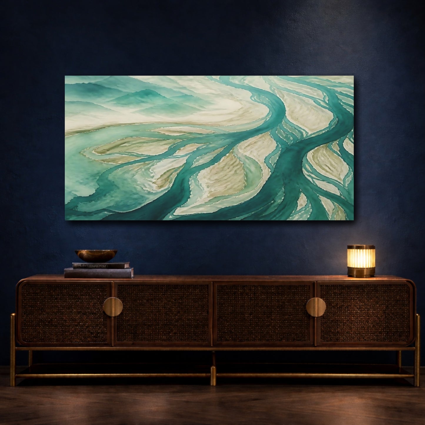 Mockup 4. Teal River Delta shown as canvas print