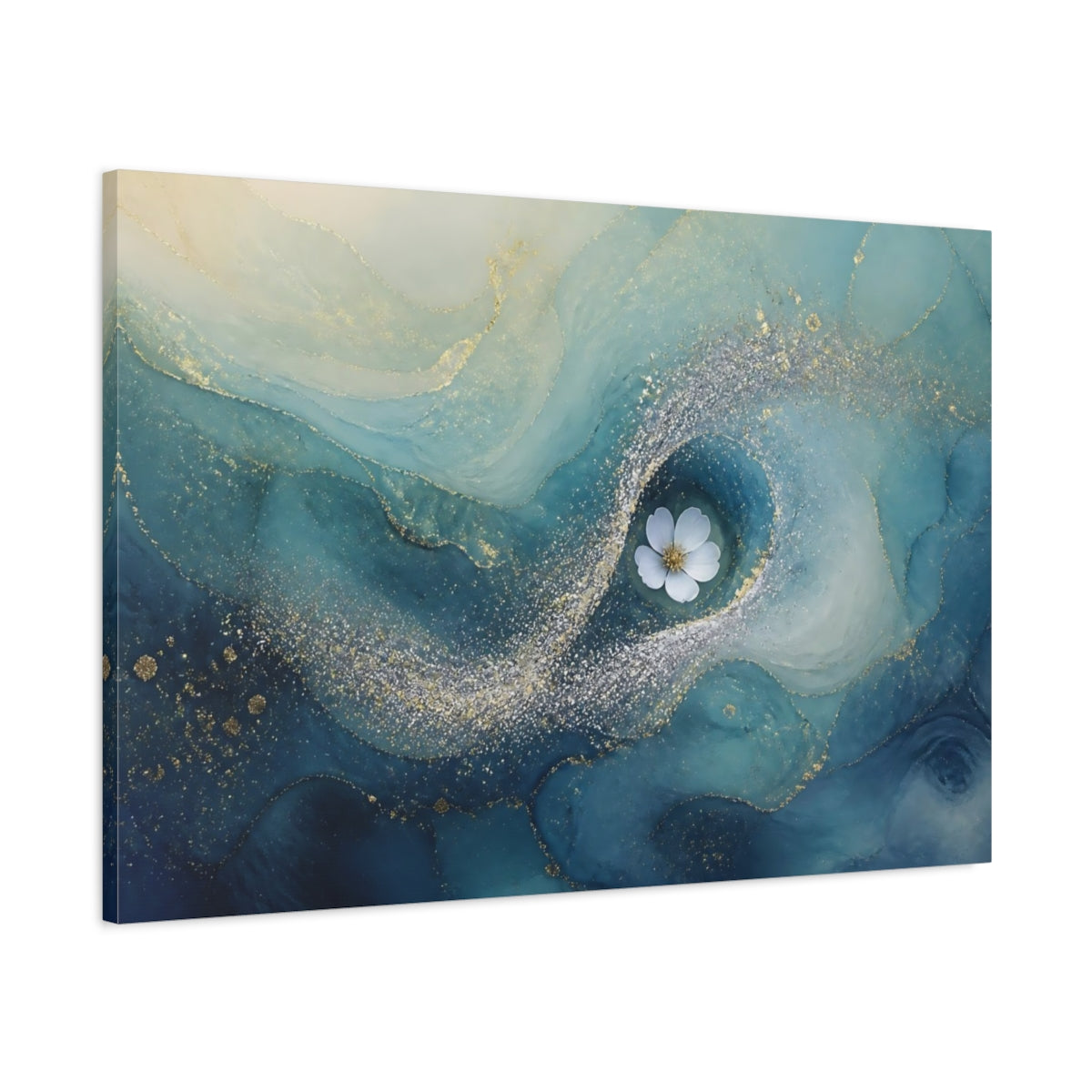 Main Mockup. Teal Swirl With White Flower shown as canvas print