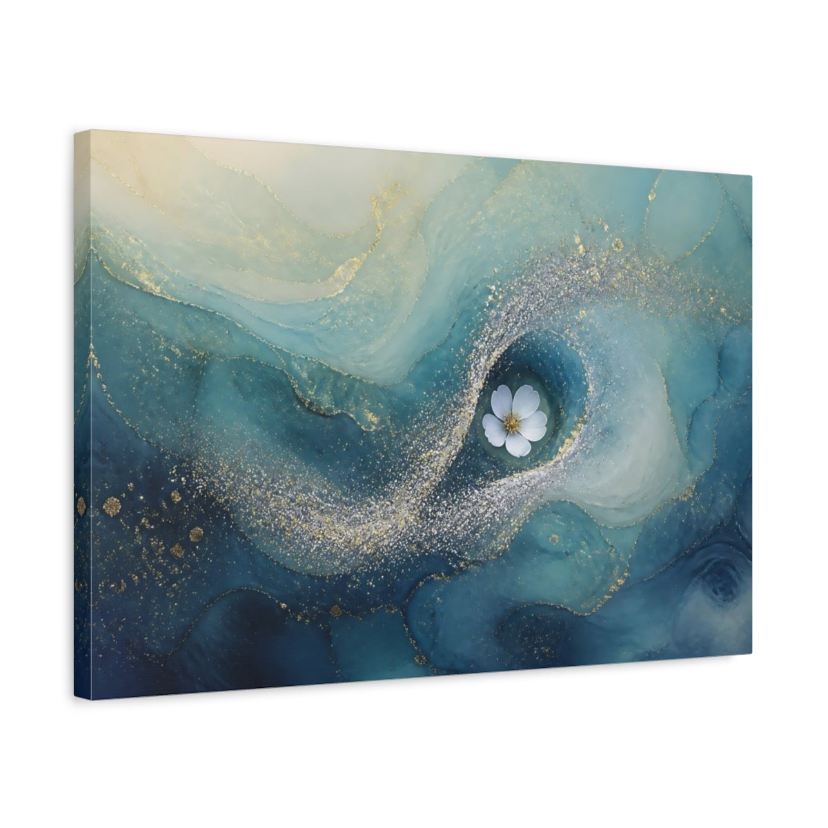 Side Mockup 3. Teal Swirl With White Flower shown as canvas print