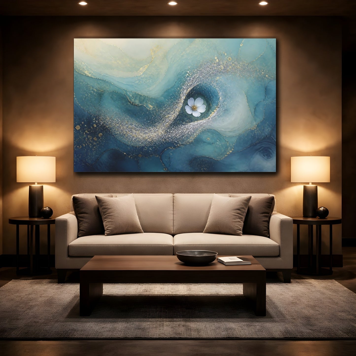 Mockup 2. Teal Swirl With White Flower shown as canvas print