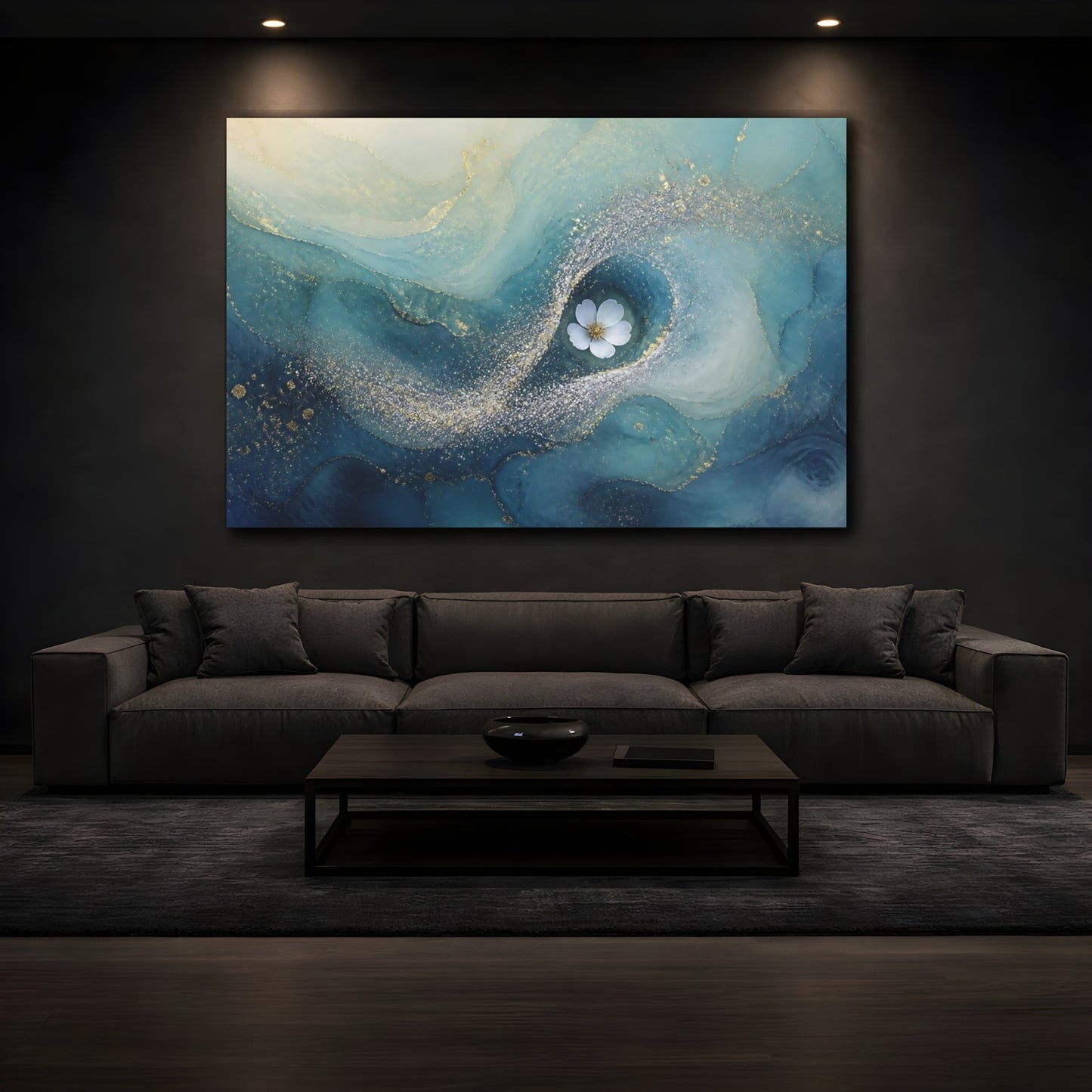 Mockup 3. Teal Swirl With White Flower shown as canvas print