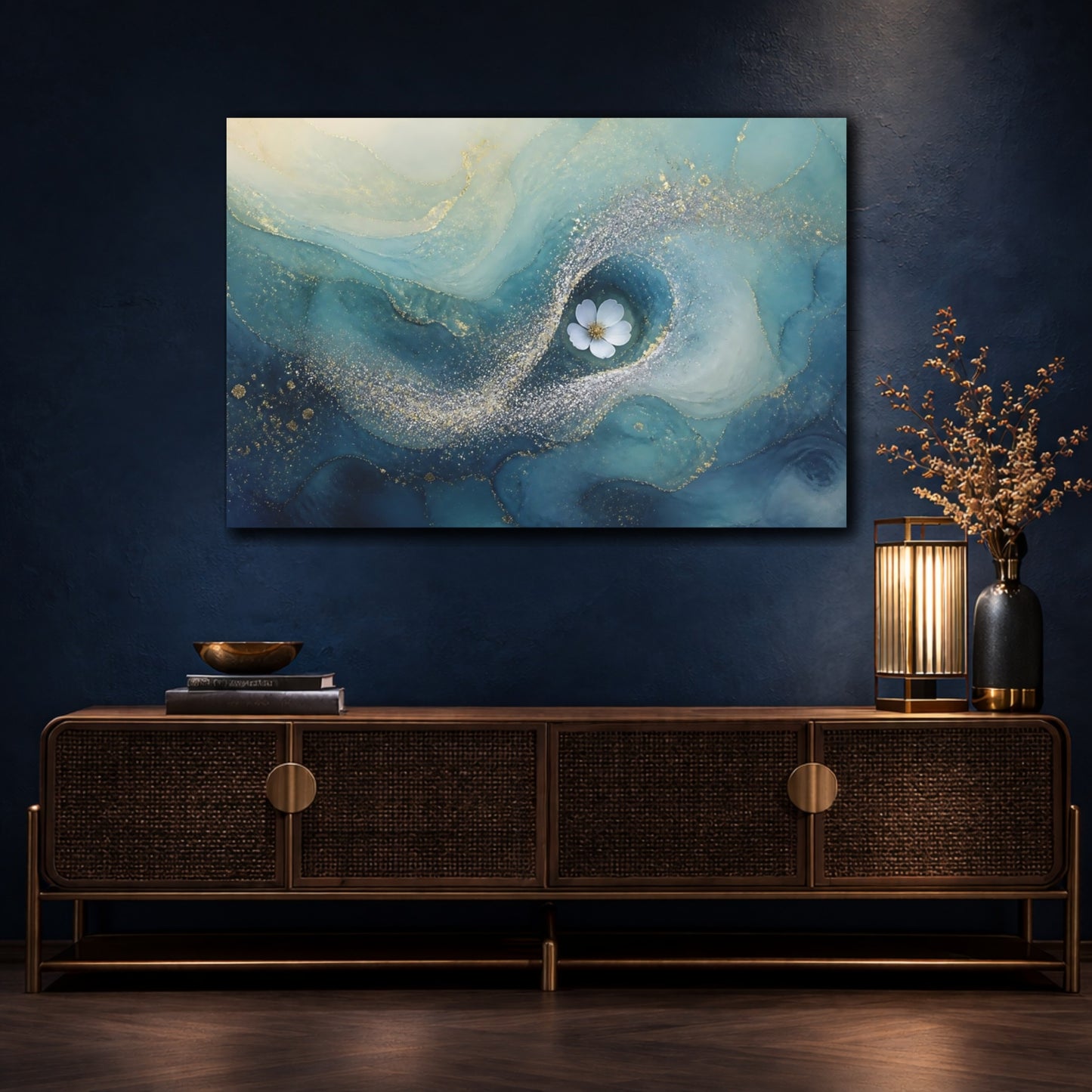 Mockup 4. Teal Swirl With White Flower shown as canvas print