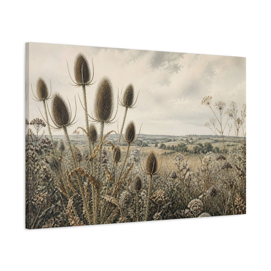 Main Mockup. Teasel Heads In Wild Meadow shown as canvas print