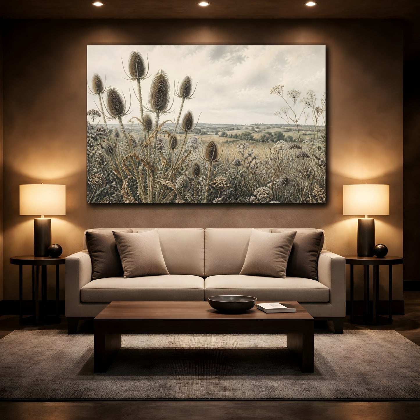 Mockup 2. Teasel Heads In Wild Meadow shown as canvas print