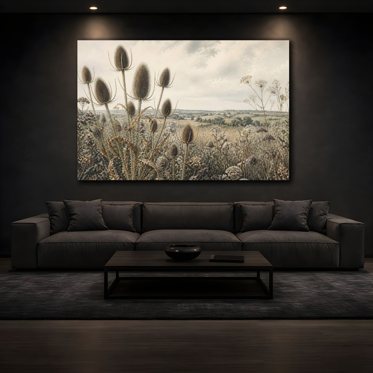 Mockup 3. Teasel Heads In Wild Meadow shown as canvas print