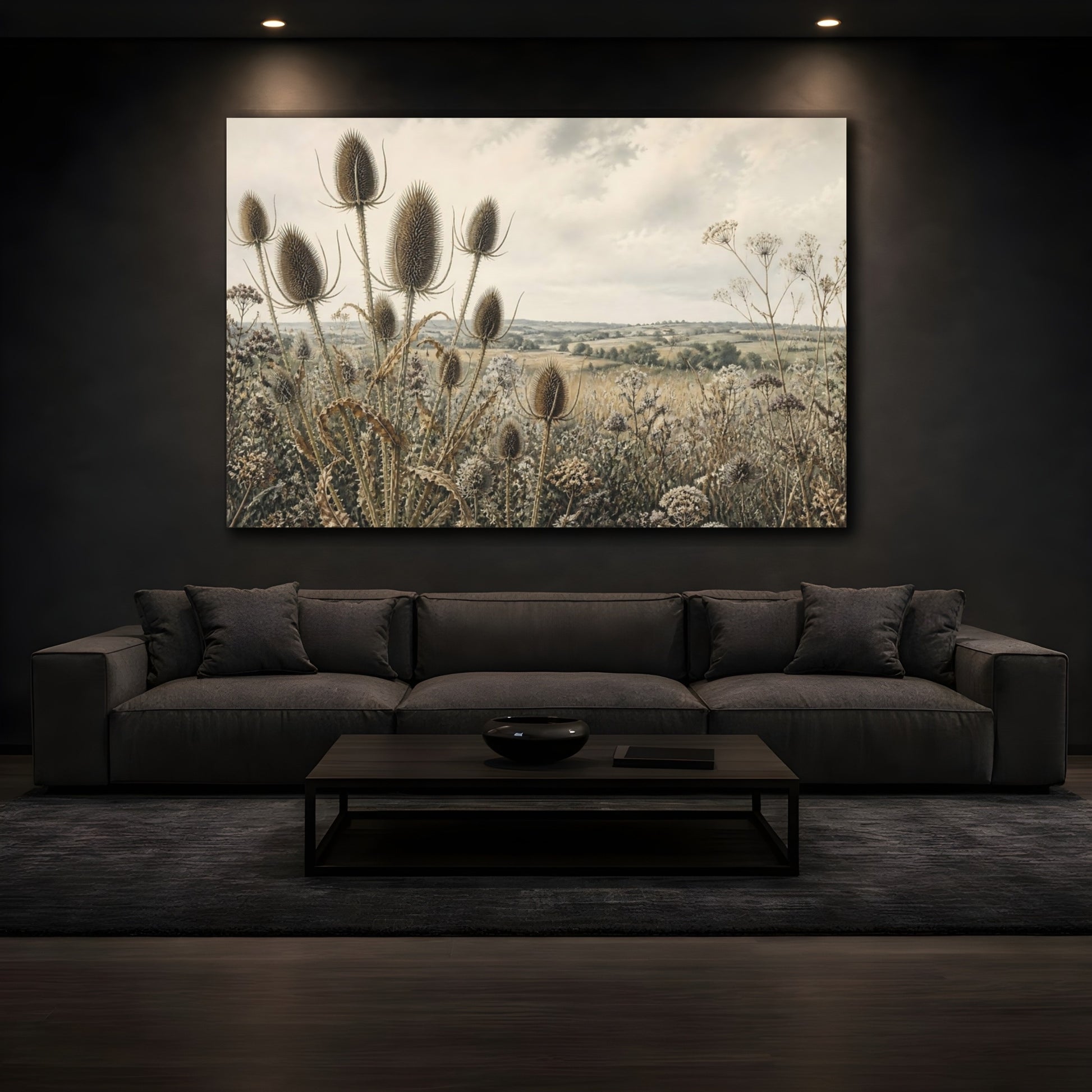 Mockup 3. Teasel Heads In Wild Meadow shown as canvas print
