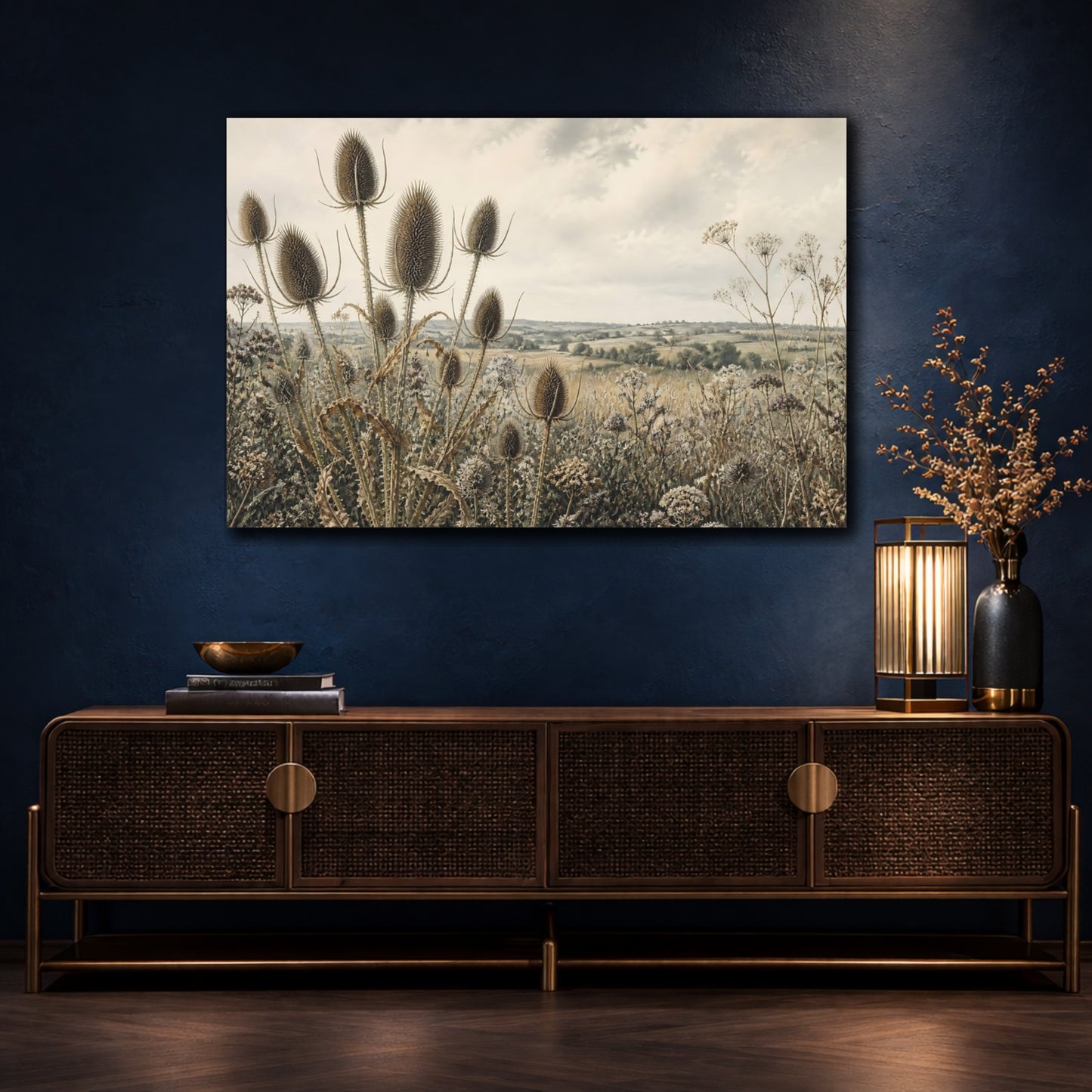 Mockup 4. Teasel Heads In Wild Meadow shown as canvas print