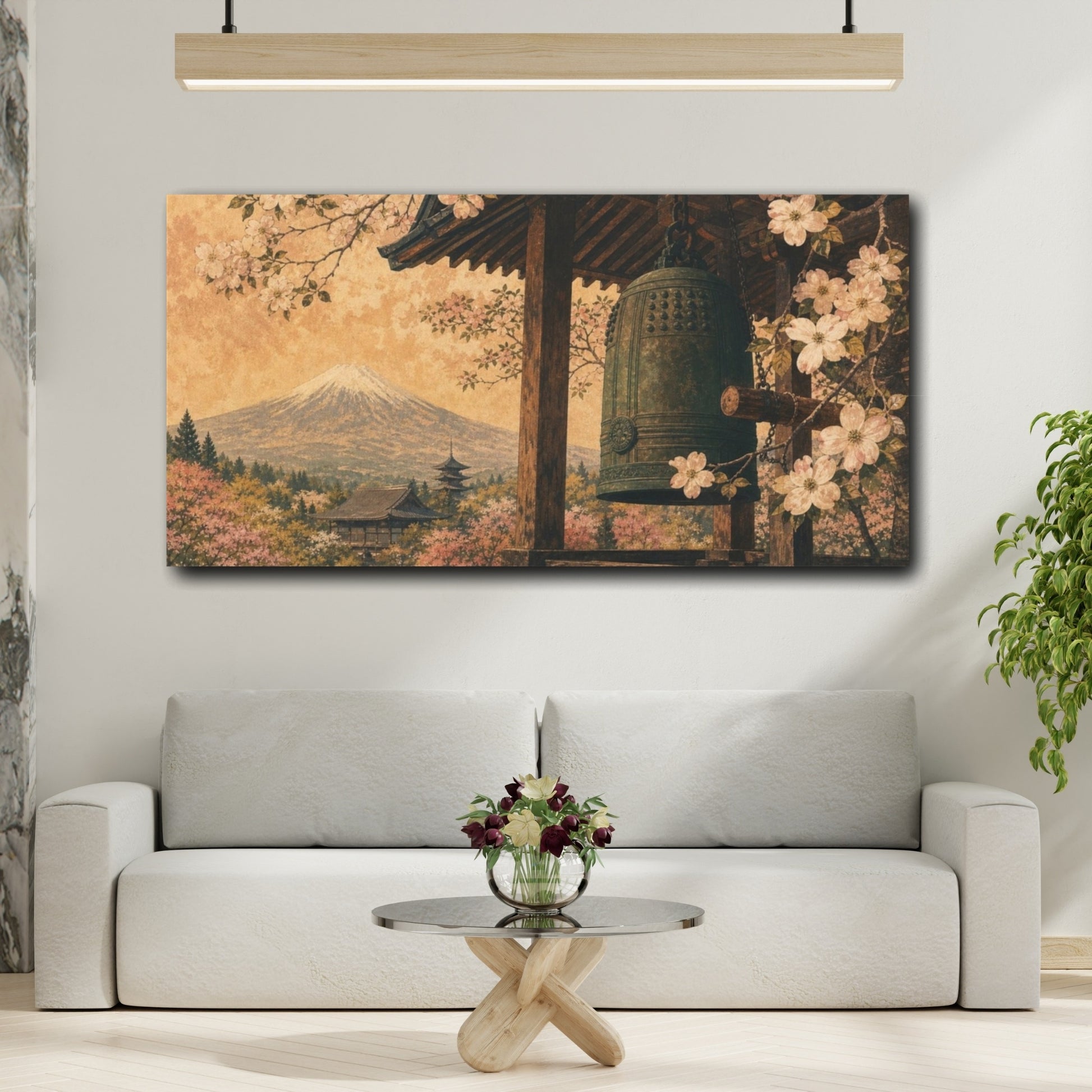 Mockup 2. Temple Bell Nature Japanese shown as canvas print