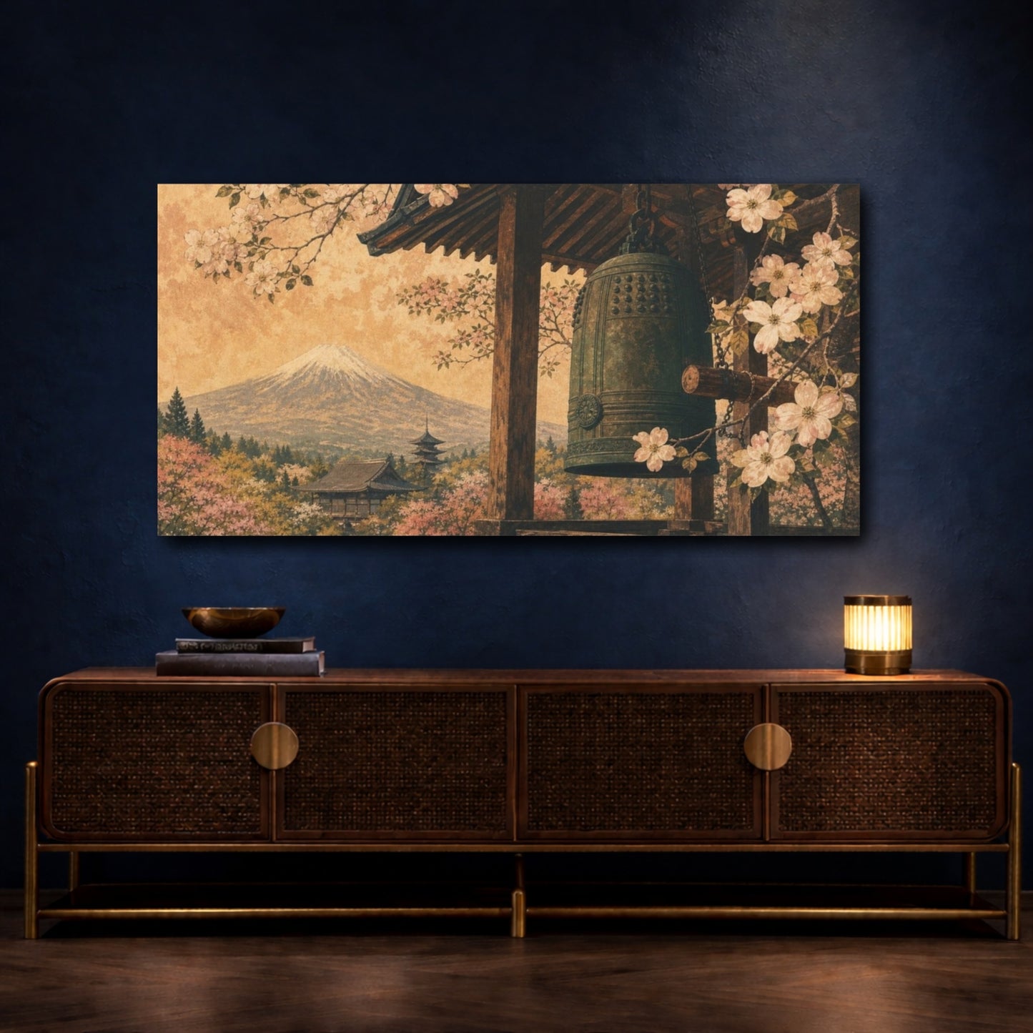 Mockup 4. Temple Bell Nature Japanese shown as canvas print
