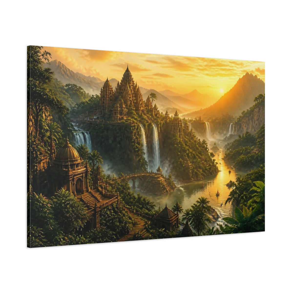 Side Mockup 1. Temple City At Sunset shown as canvas print
