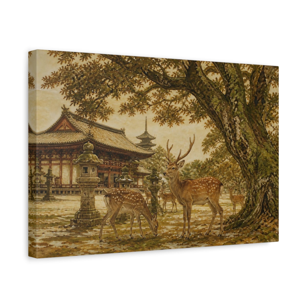 Side Mockup 4. Temple Deer In Autumn shown as canvas print