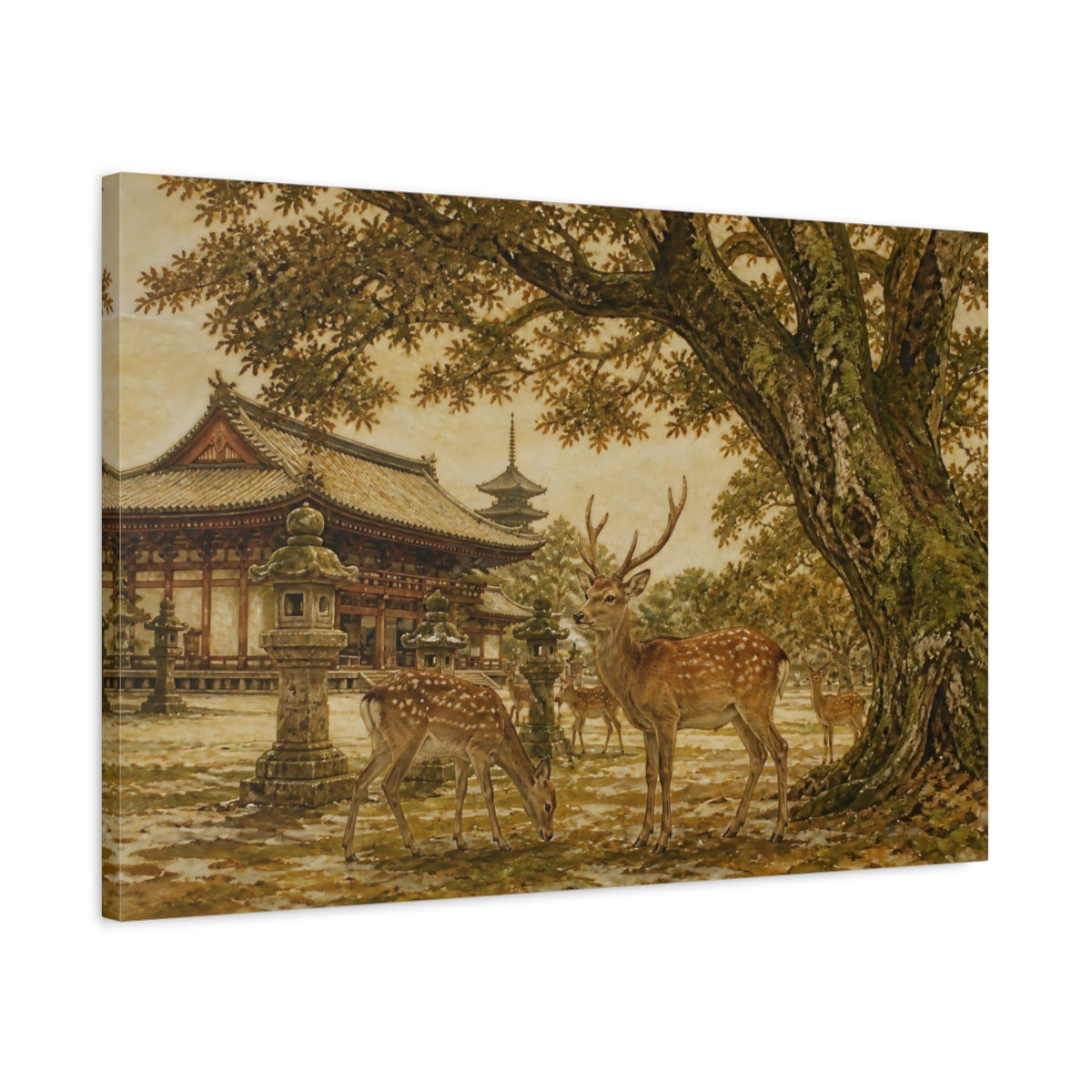 Side Mockup 2. Temple Deer In Autumn shown as canvas print
