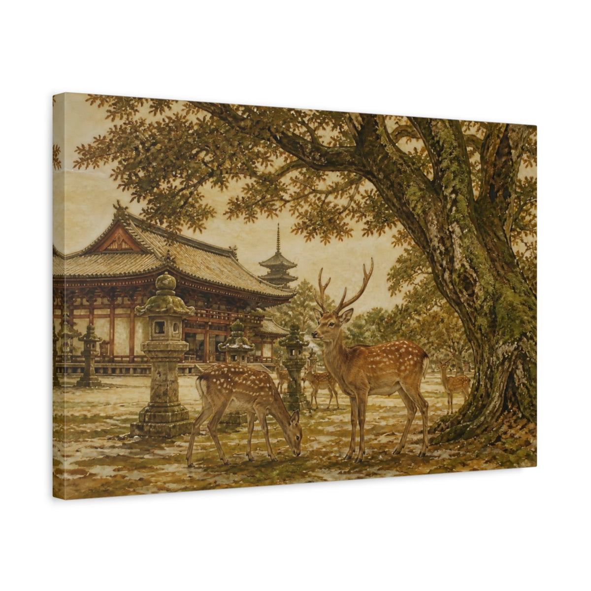 Side Mockup 3. Temple Deer In Autumn shown as canvas print
