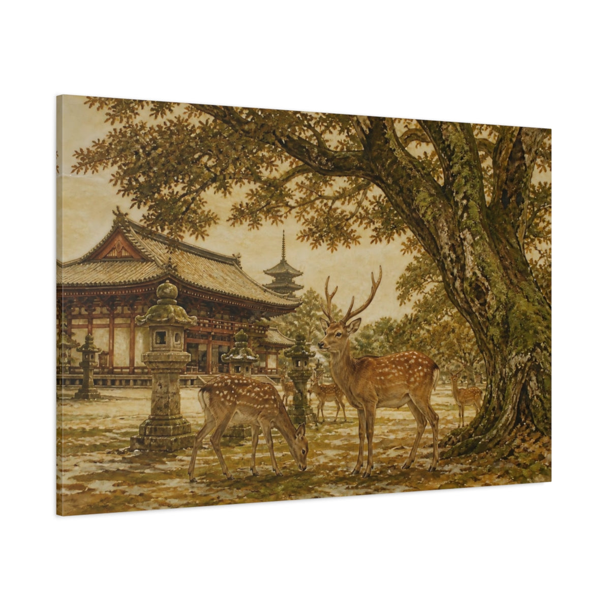 Side Mockup 1. Temple Deer In Autumn shown as canvas print