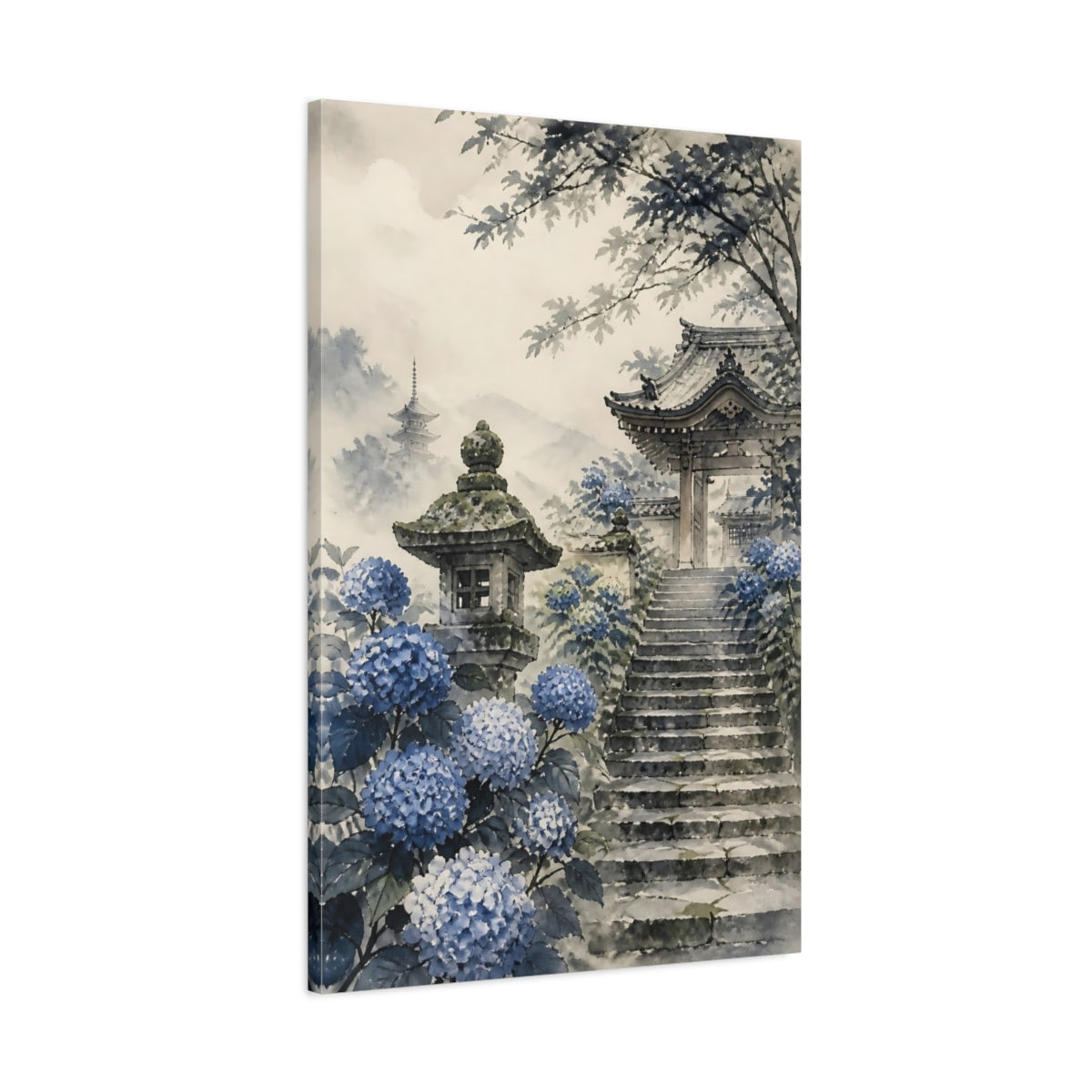 Main Mockup. Temple Gate With Hydrangeas shown as canvas print