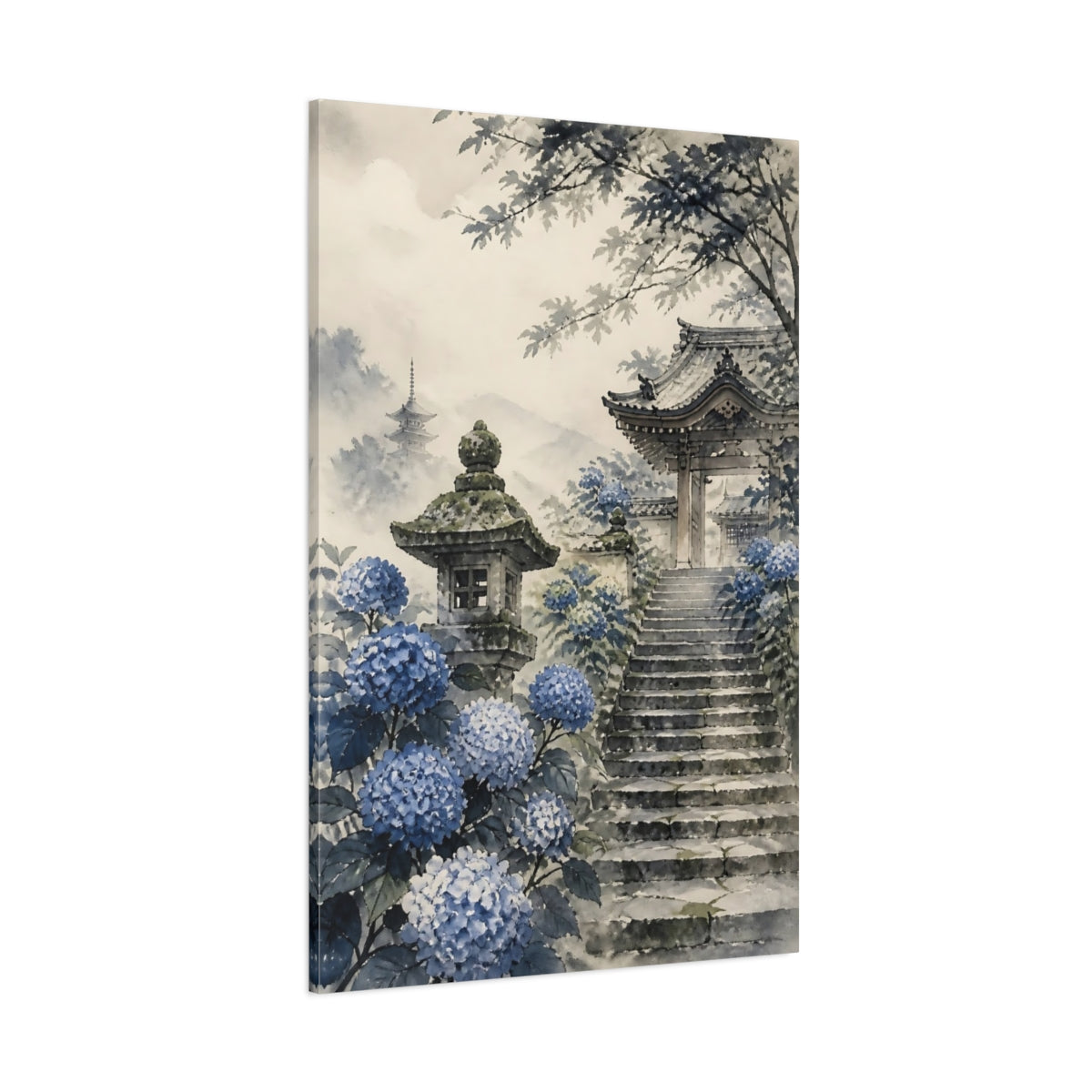 Side Mockup 1. Temple Gate With Hydrangeas shown as canvas print