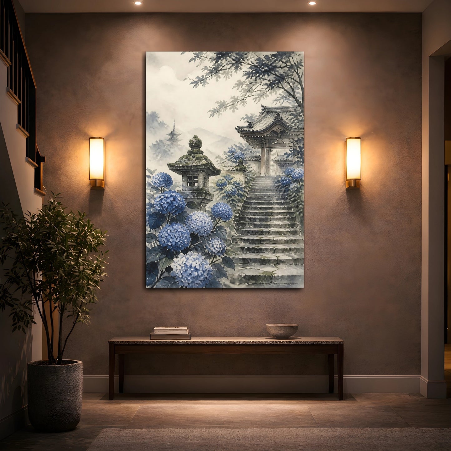 Mockup 2. Temple Gate With Hydrangeas shown as canvas print