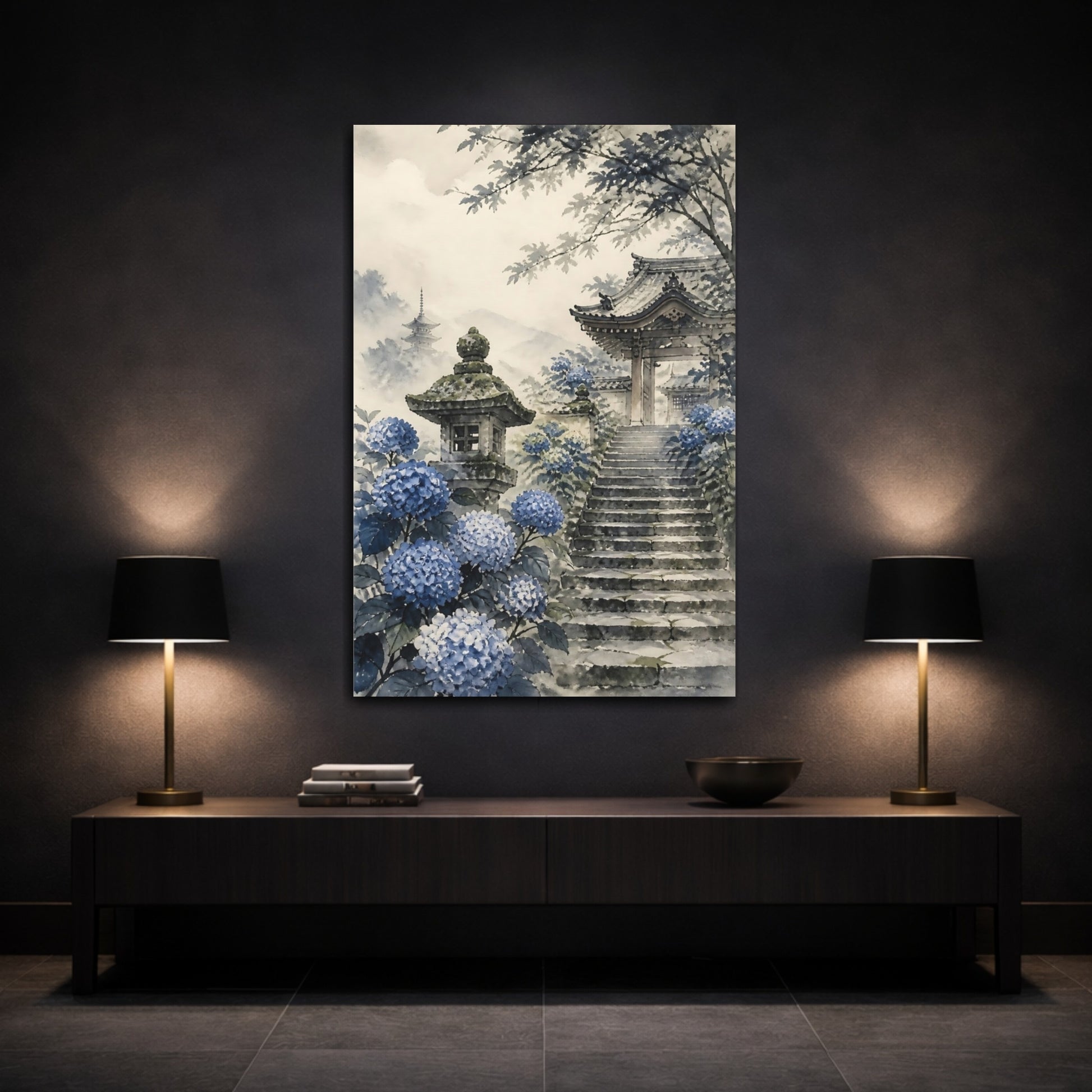 Mockup 3. Temple Gate With Hydrangeas shown as canvas print