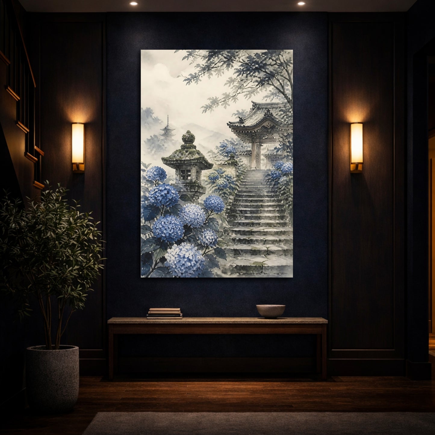 Mockup 4. Temple Gate With Hydrangeas shown as canvas print