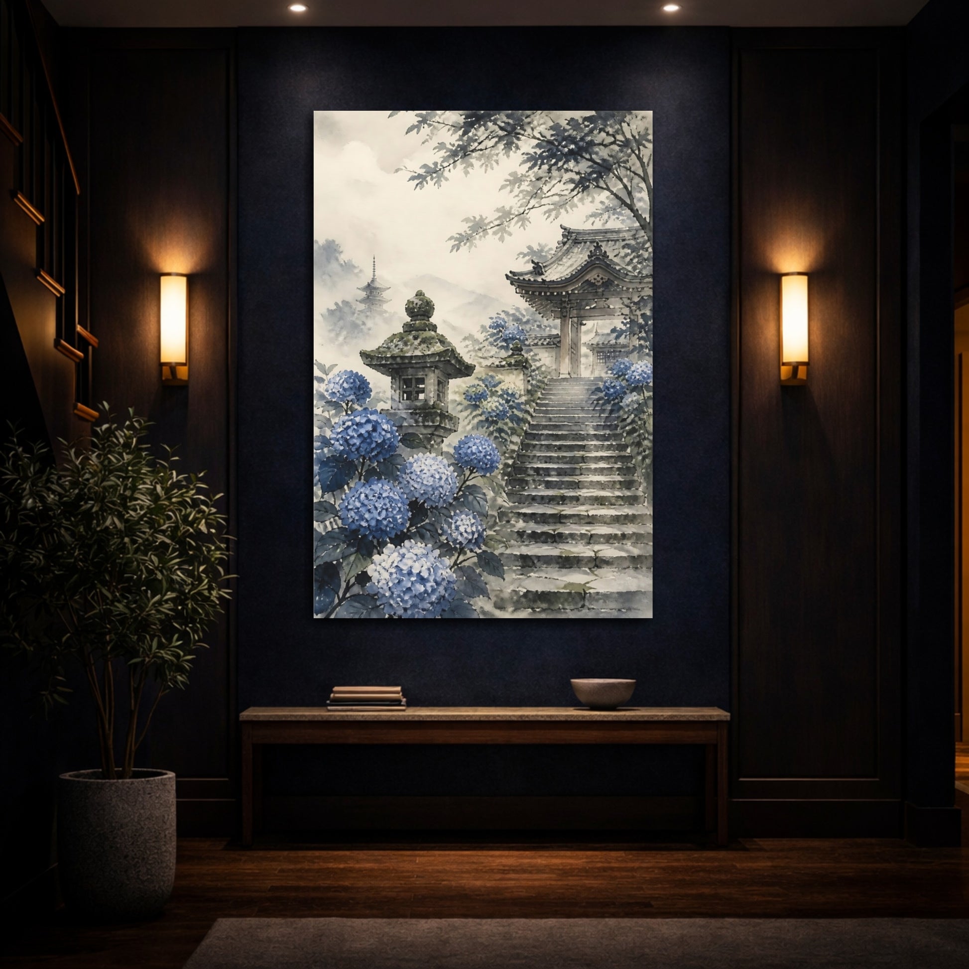 Mockup 4. Temple Gate With Hydrangeas shown as canvas print