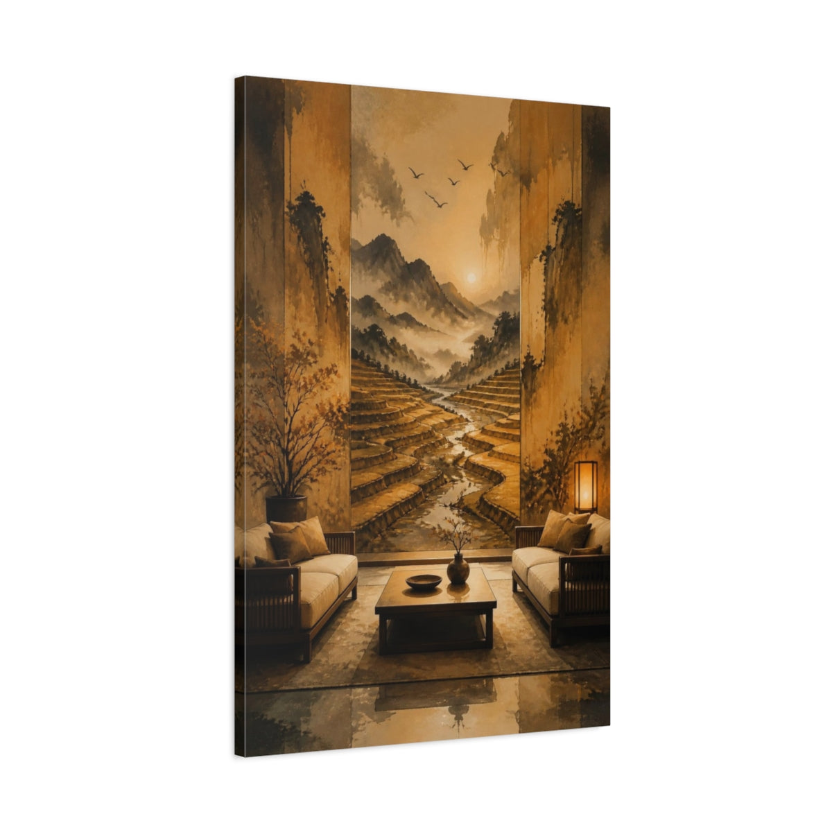 Main Mockup. Terraced Fields Living Room shown as canvas print